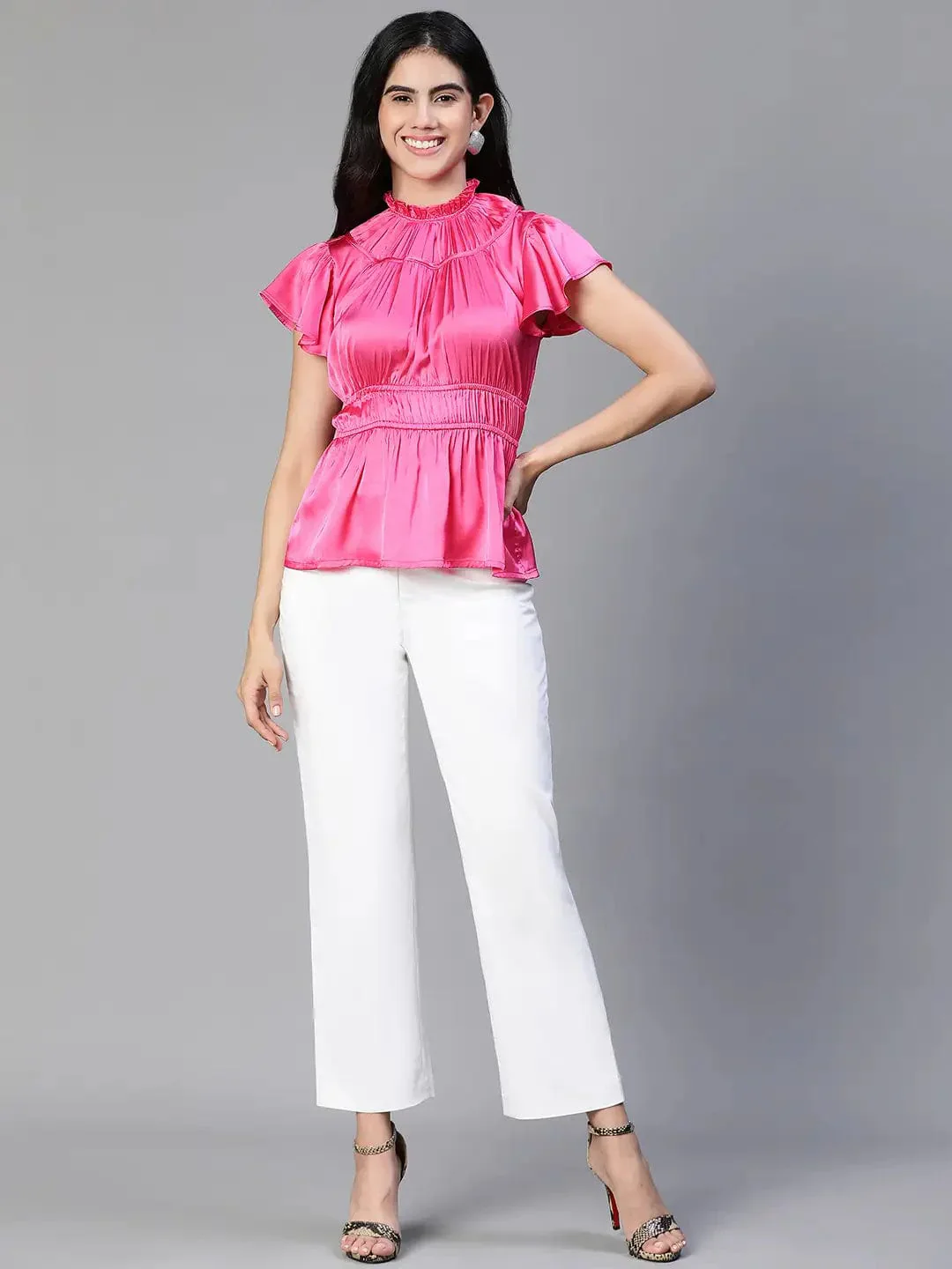 Women Pink Round Neck Ruffle Elasticatedsatin Party Top - Image 2
