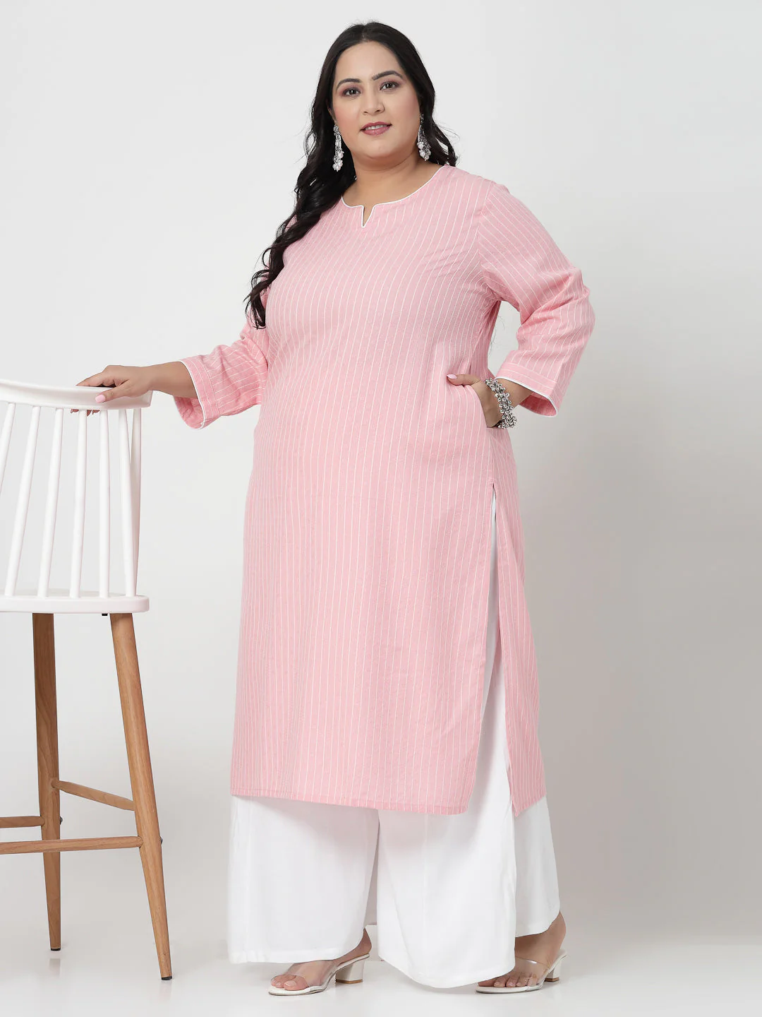 Women Plus Size Baby Pink Striped Yarn-Dyed Kurta