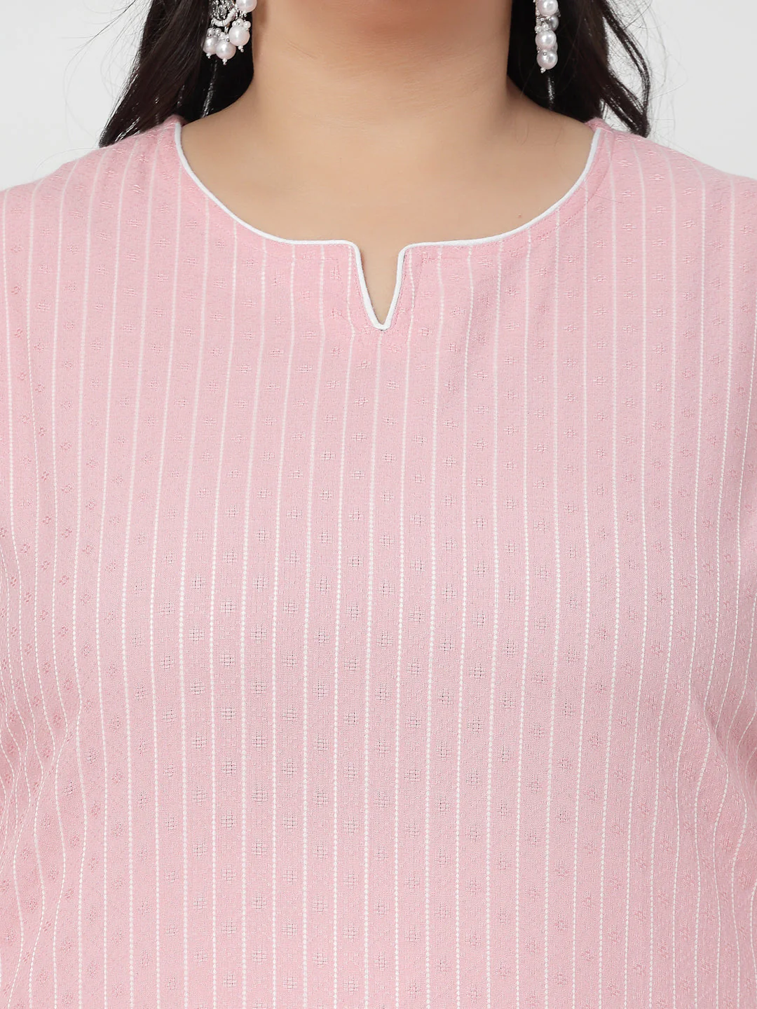 Women Plus Size Baby Pink Striped Yarn-Dyed Kurta - Image 6