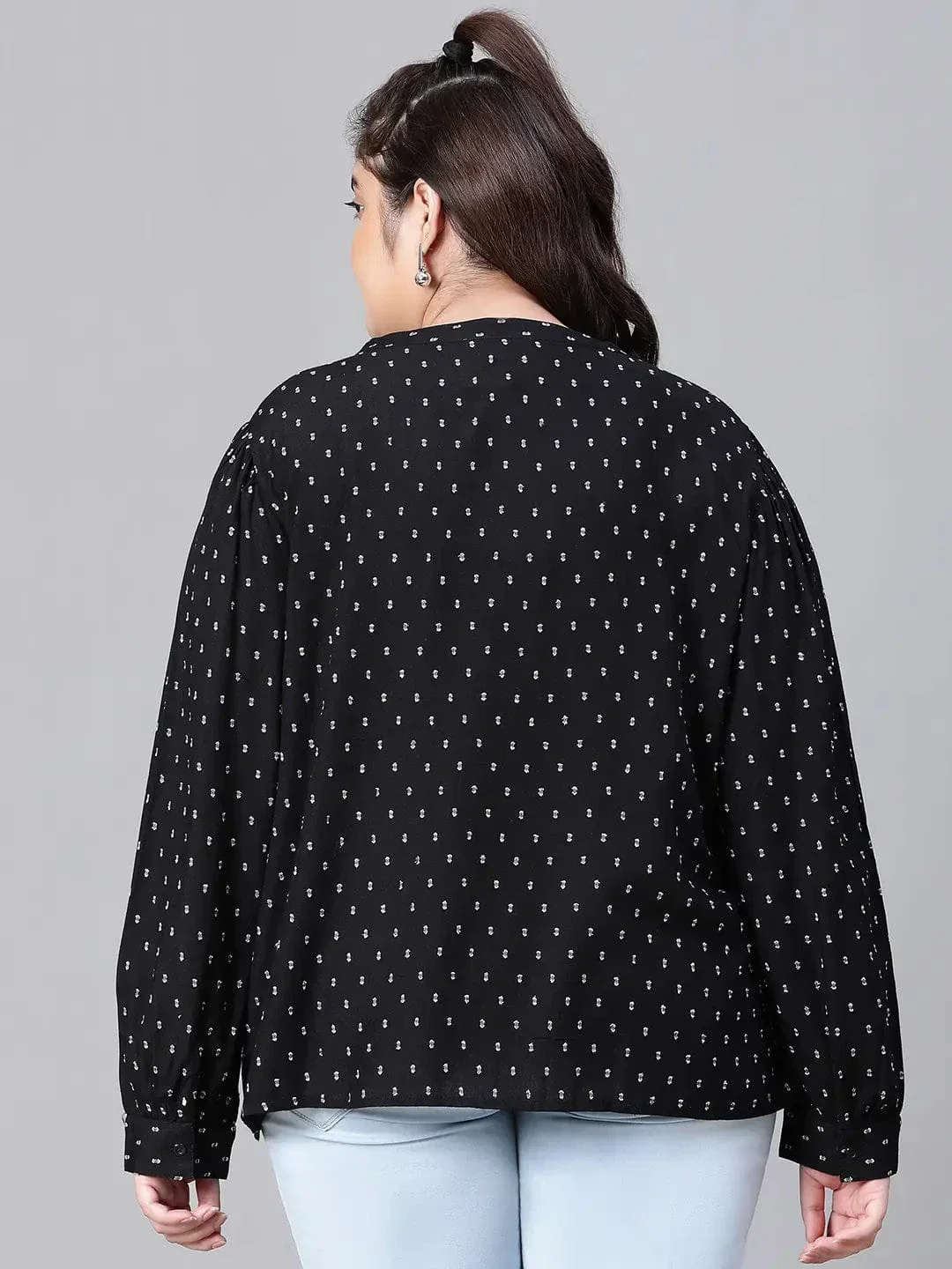 Women Plus Size Black Floral Print V-Neck Long Sleeve Top - Image 5