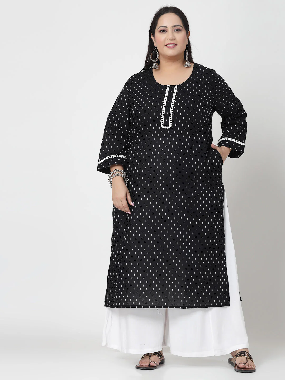 Women Plus Size Black Woven Design Kurta With Lace