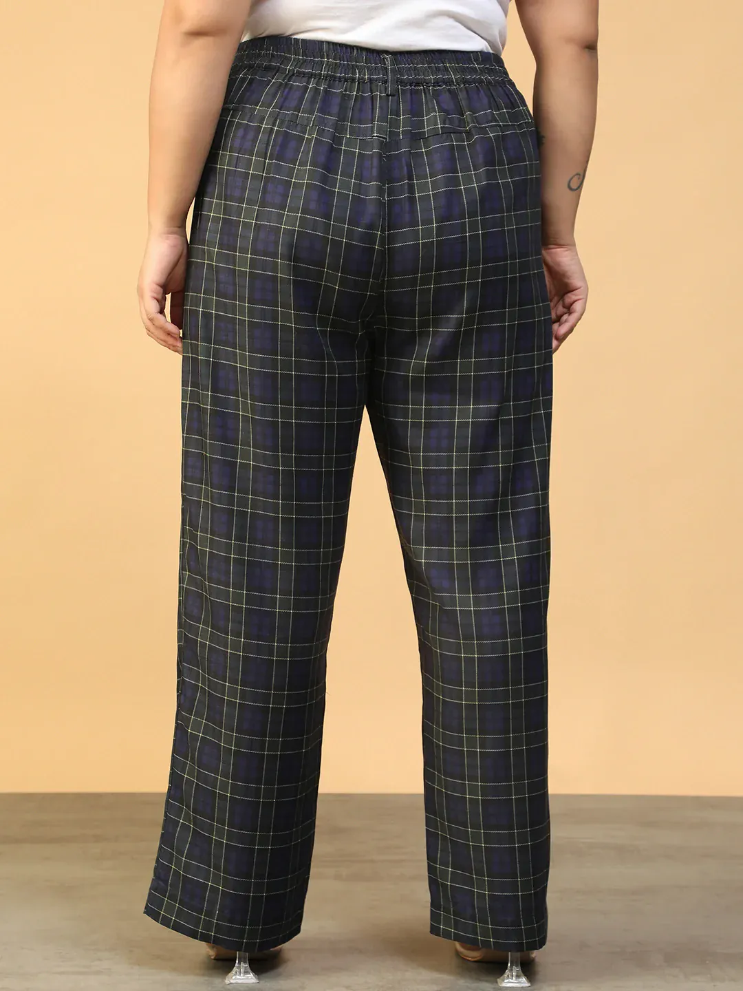 Women Plus Size Blue Check Print Elasticated Pants - Image 5