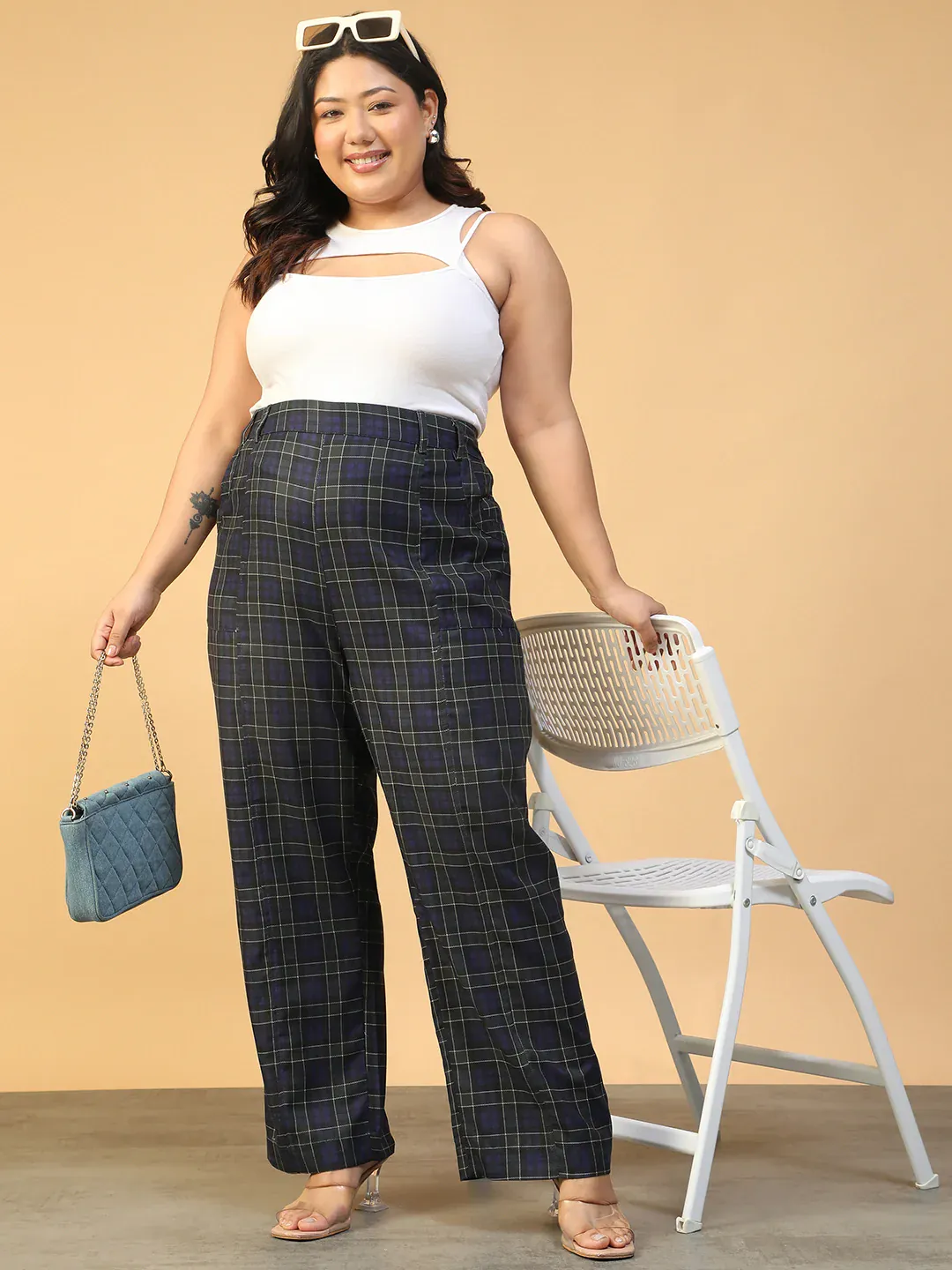 Women Plus Size Blue Check Print Elasticated Pants - Image 6