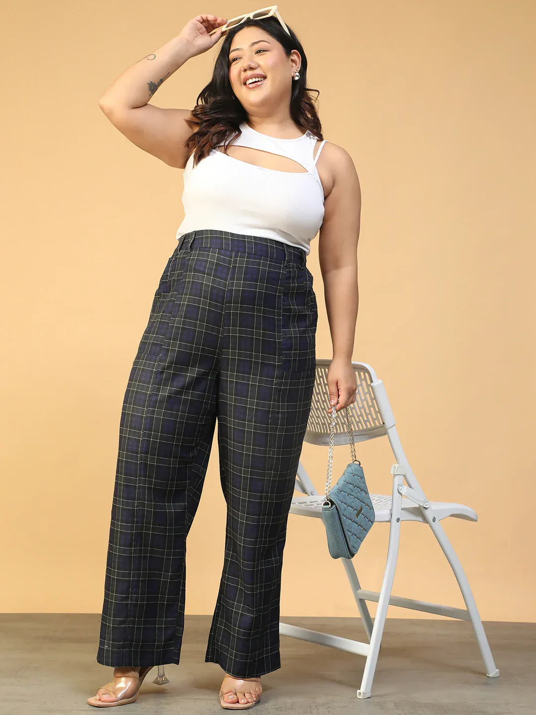 Women Plus Size Blue Check Print Elasticated Pants - Image 7