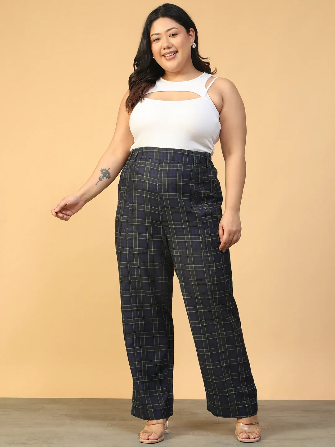 Women Plus Size Blue Check Print Elasticated Pants - Image 8