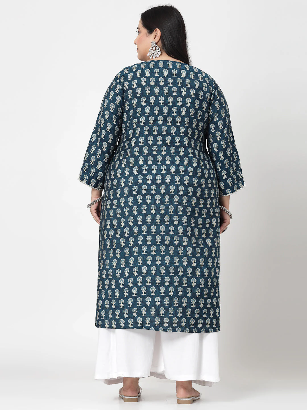 Women Plus Size Blue Printed Kurta With Lace - Image 2