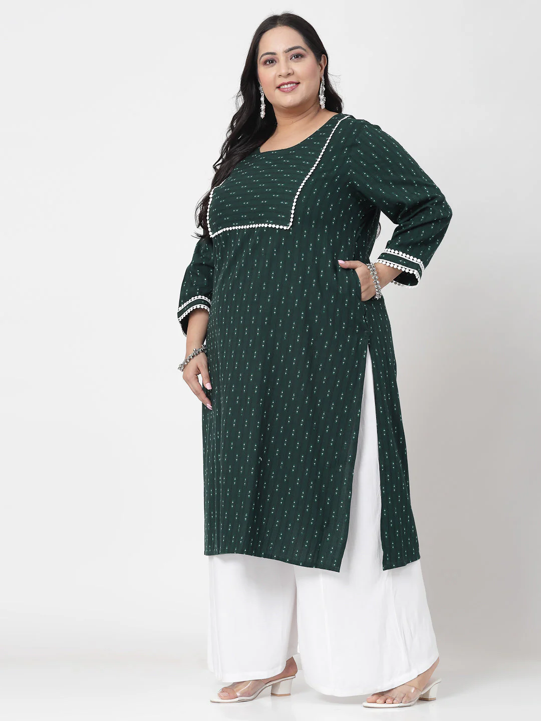 Women Plus Size Dark Green Cotton Dobby Kurta - Image 4