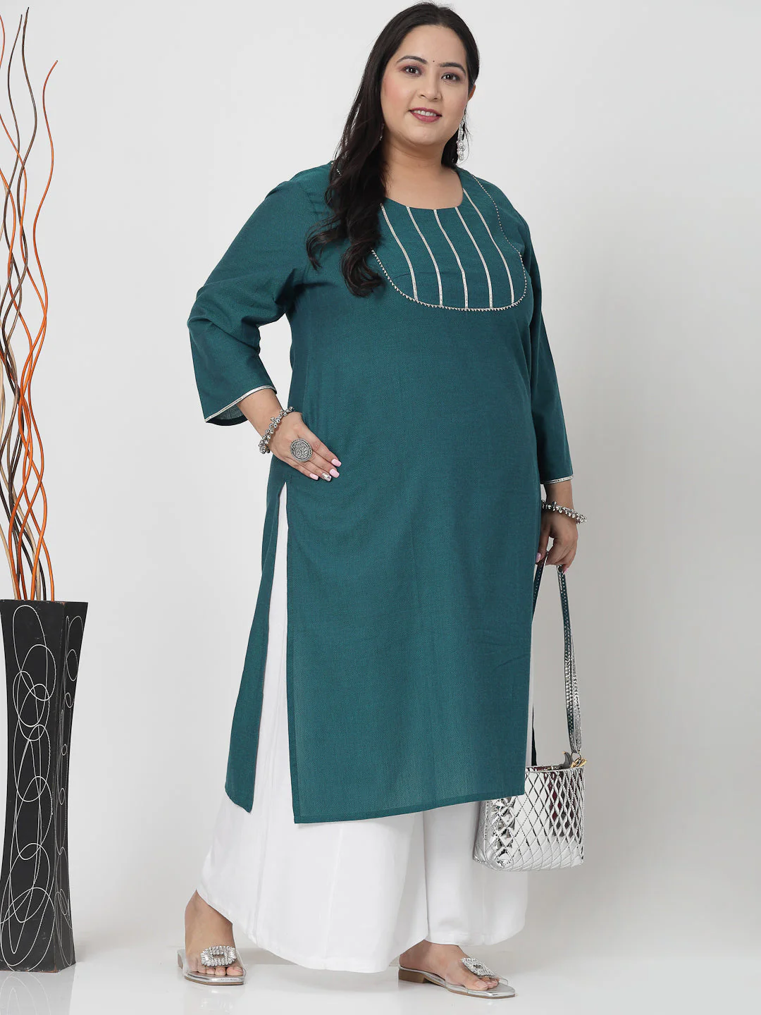 Women Plus Size Dark Green Festive Kurta With Lace