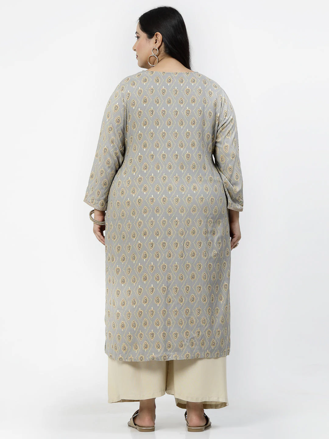 Women Plus Size Grey Ethnic Motifs Printed Kurta With Piping - Image 5