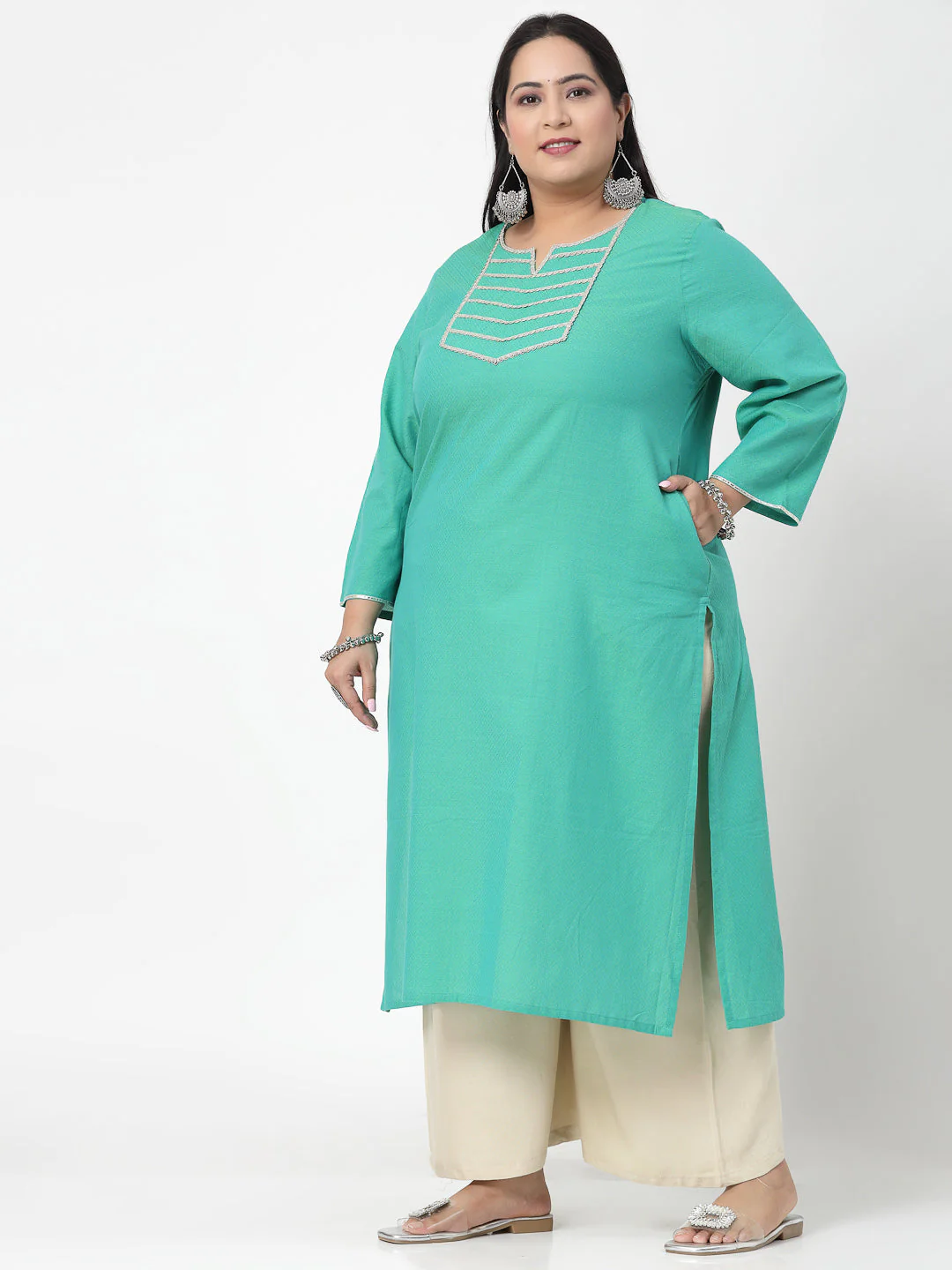 Women Plus Size Light Green Festive Kurta With Lace - Image 2