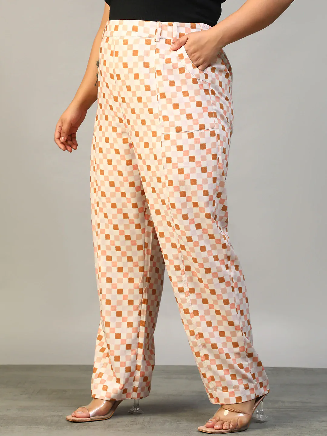 Women Plus Size Multicolor Check Print Elasticated Pants - Image 4
