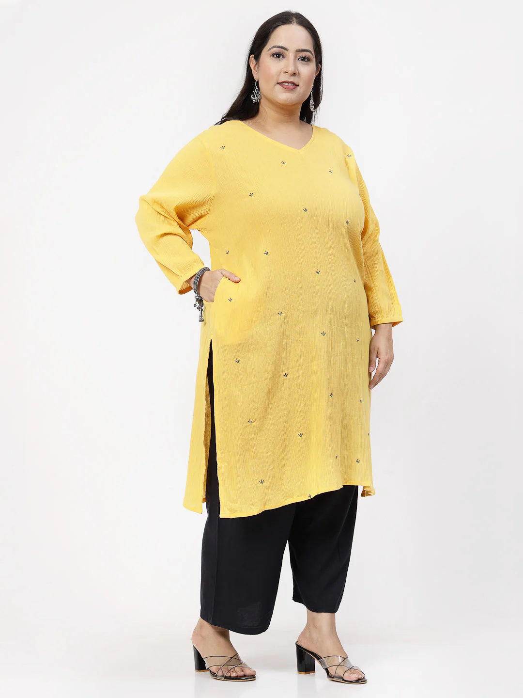 Women Plus Size Mustard Kurta With Embroidered Front - Image 2