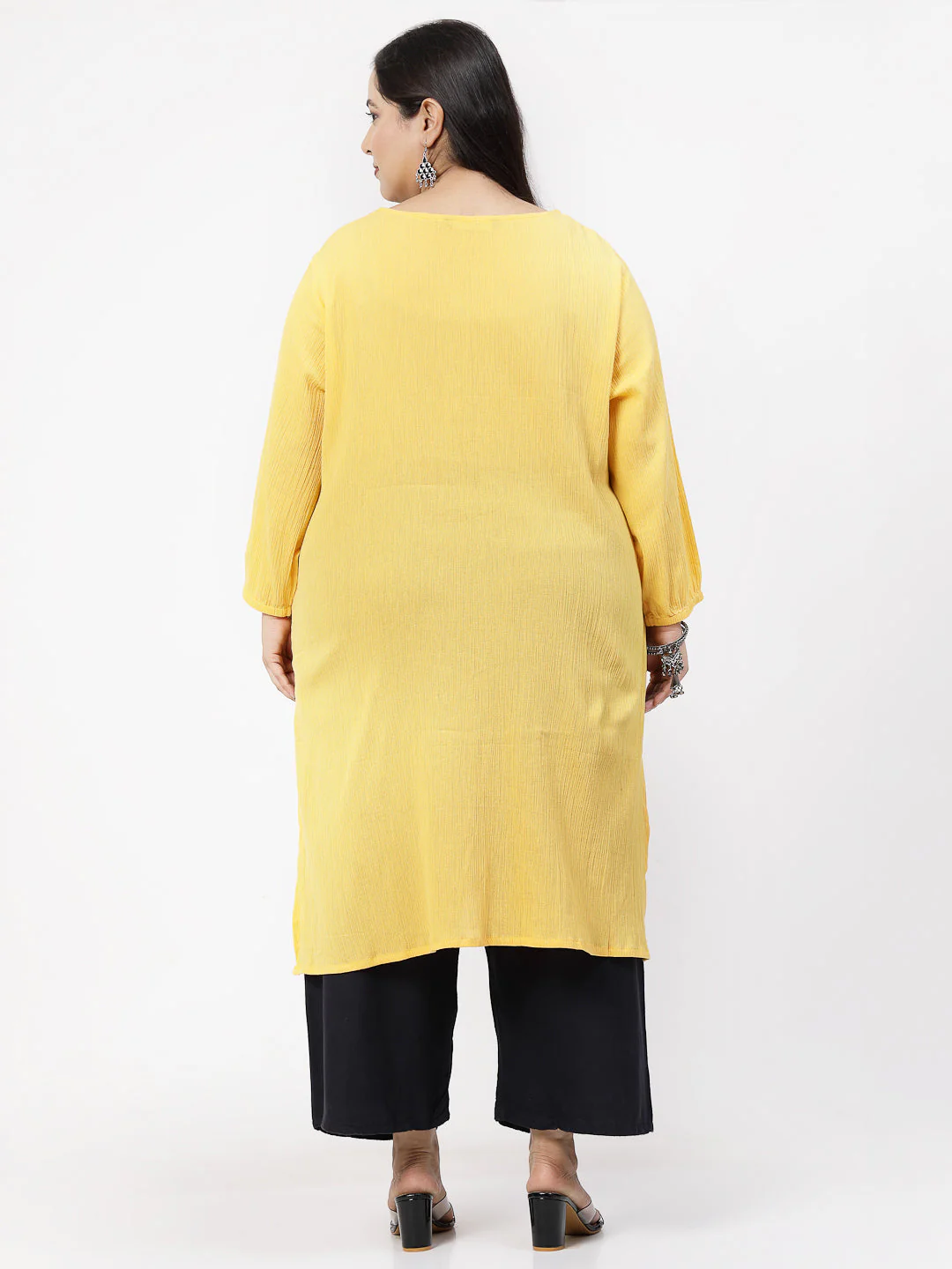 Women Plus Size Mustard Kurta With Embroidered Front - Image 3