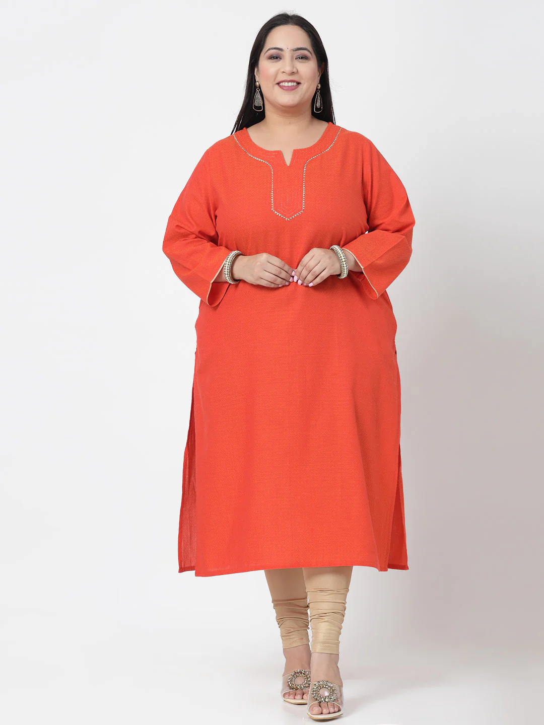 Women Plus Size Orange Festive Kurta With Lace - Image 9