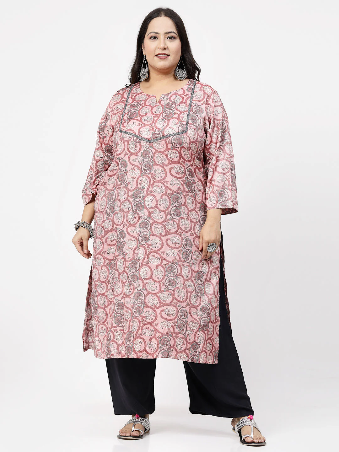 Women Plus Size Pink Printed Straight Kurta - Image 2