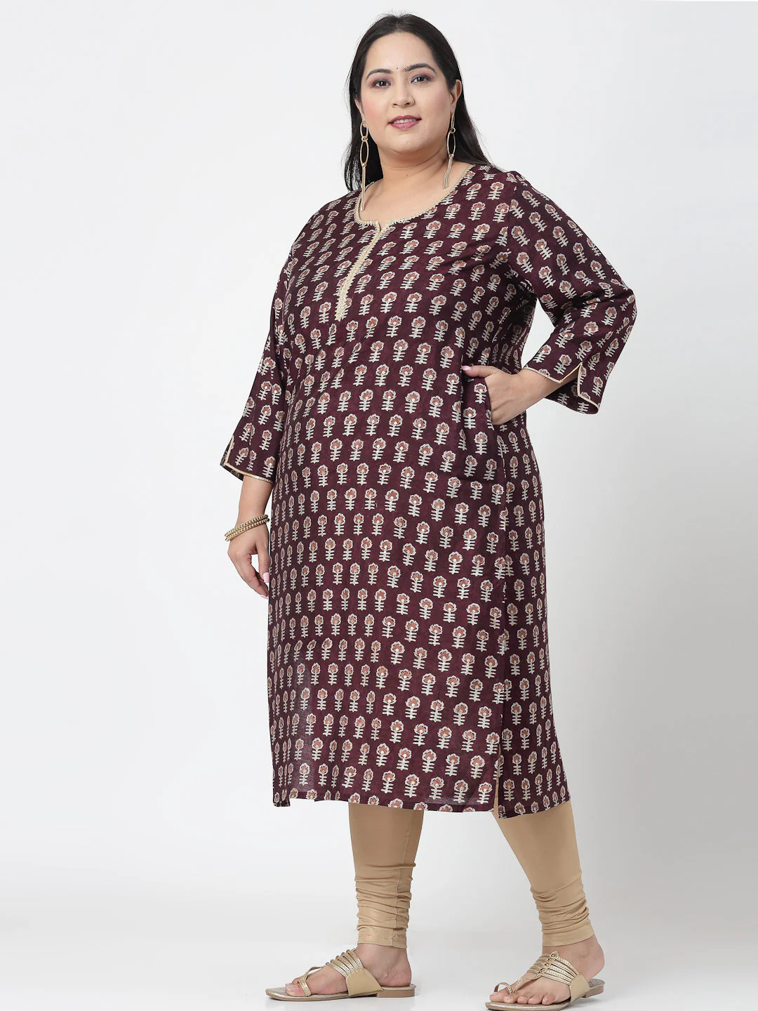 Women Plus Size Purple Printed Kurta With Lace - Image 3