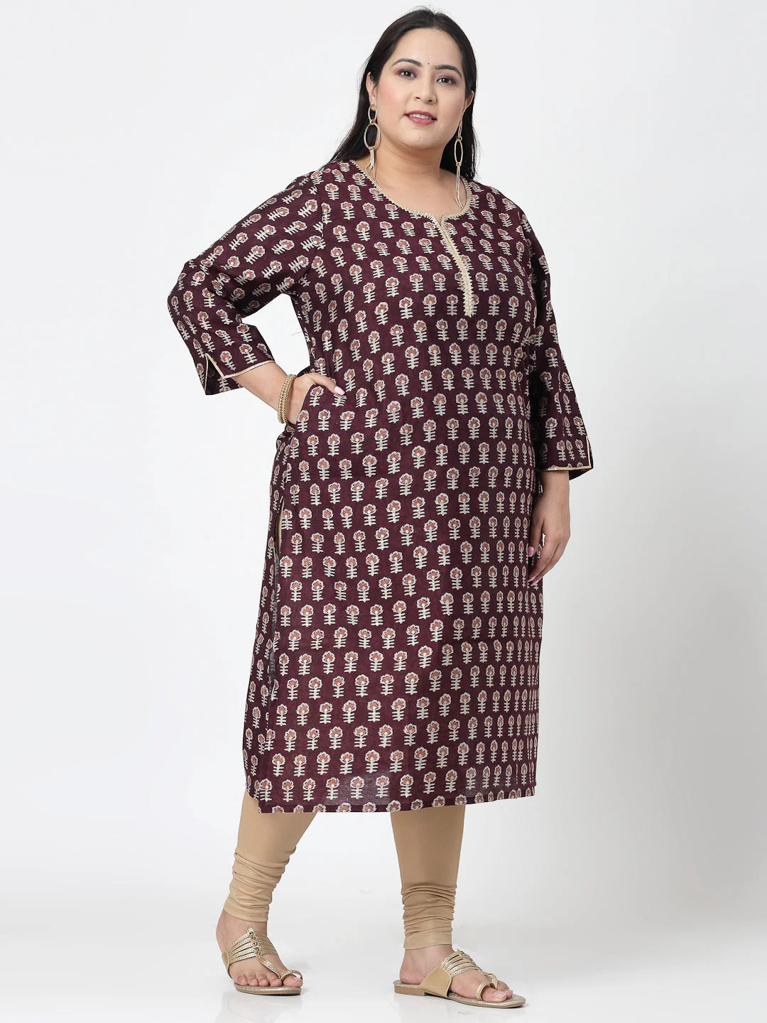 Women Plus Size Purple Printed Kurta With Lace - Image 4