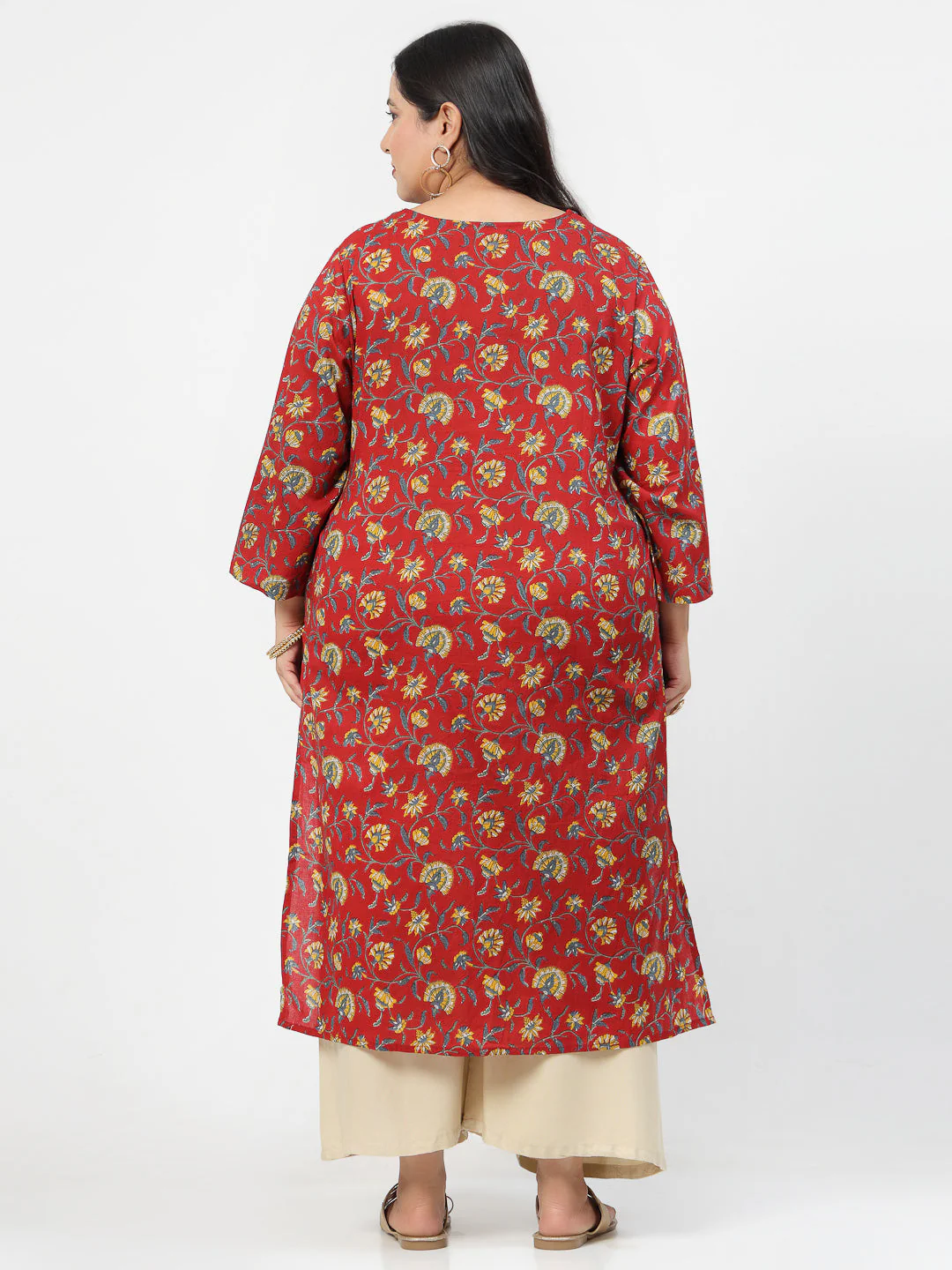 Women Plus Size Red Floral Printed Tie-Up Neck Kurta - Image 2