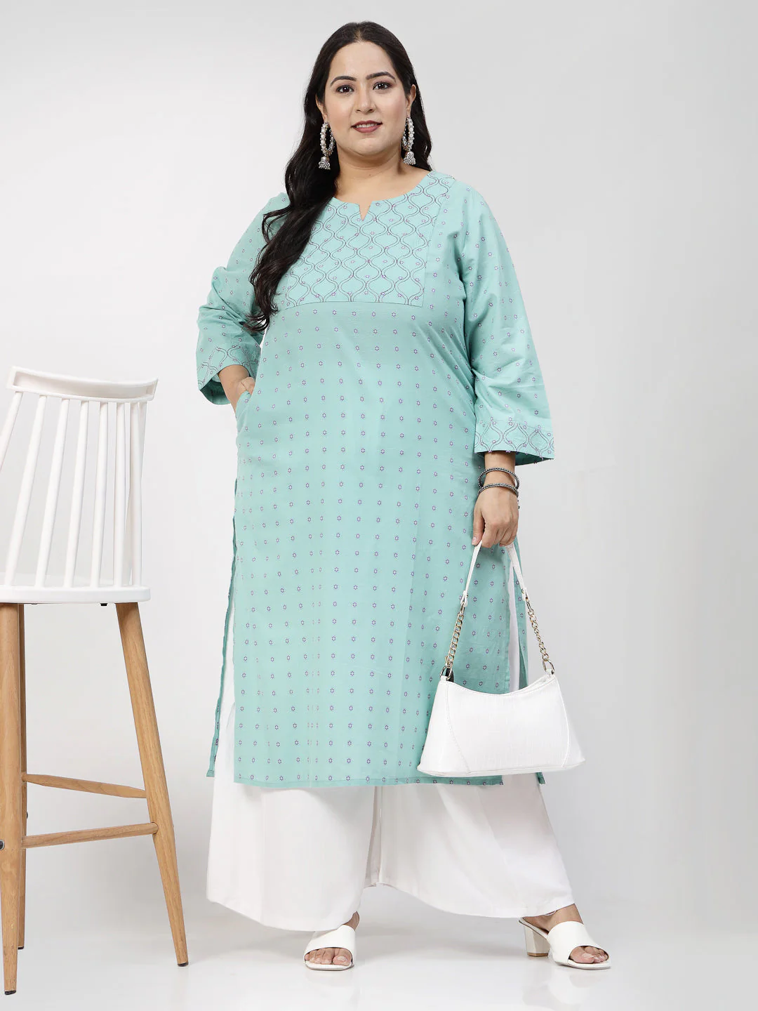Women Plus Size Sea Green Kurta With Embroidered Yoke