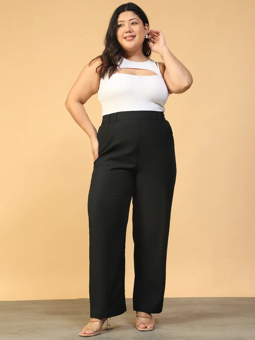 Women Plus Size Solid Black Elasticated Pants - Image 3
