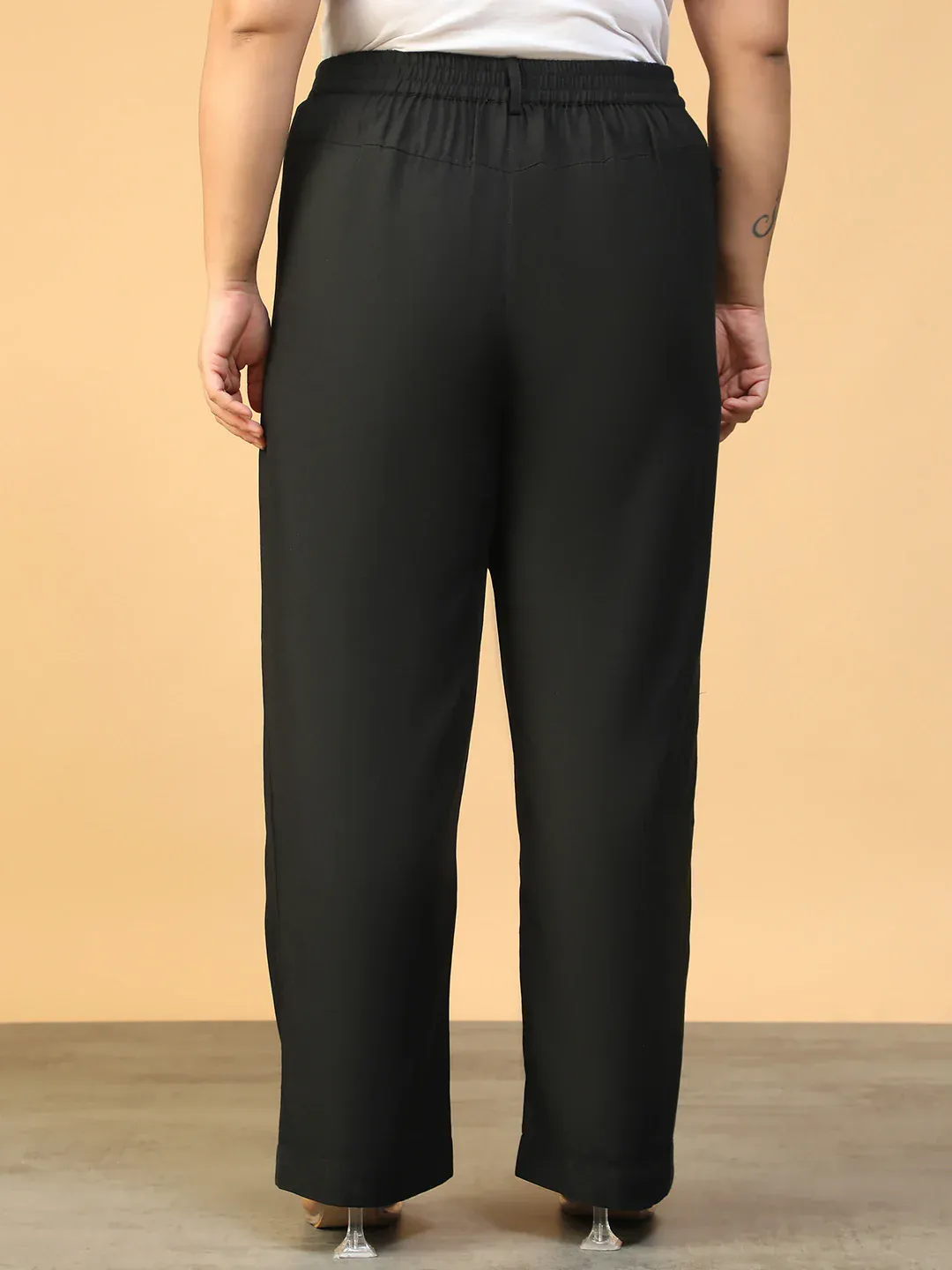 Women Plus Size Solid Black Elasticated Pants - Image 6