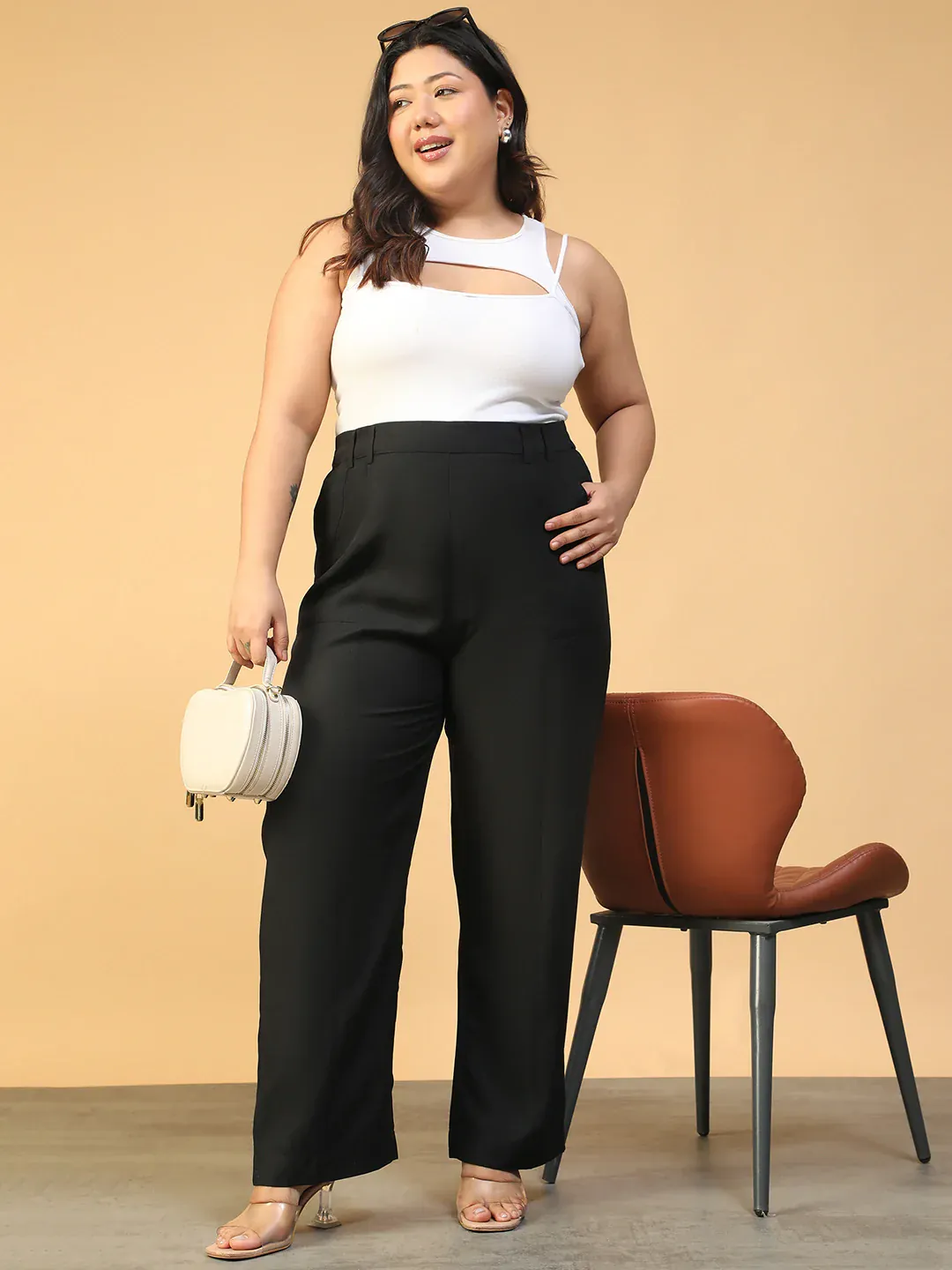 Women Plus Size Solid Black Elasticated Pants - Image 7