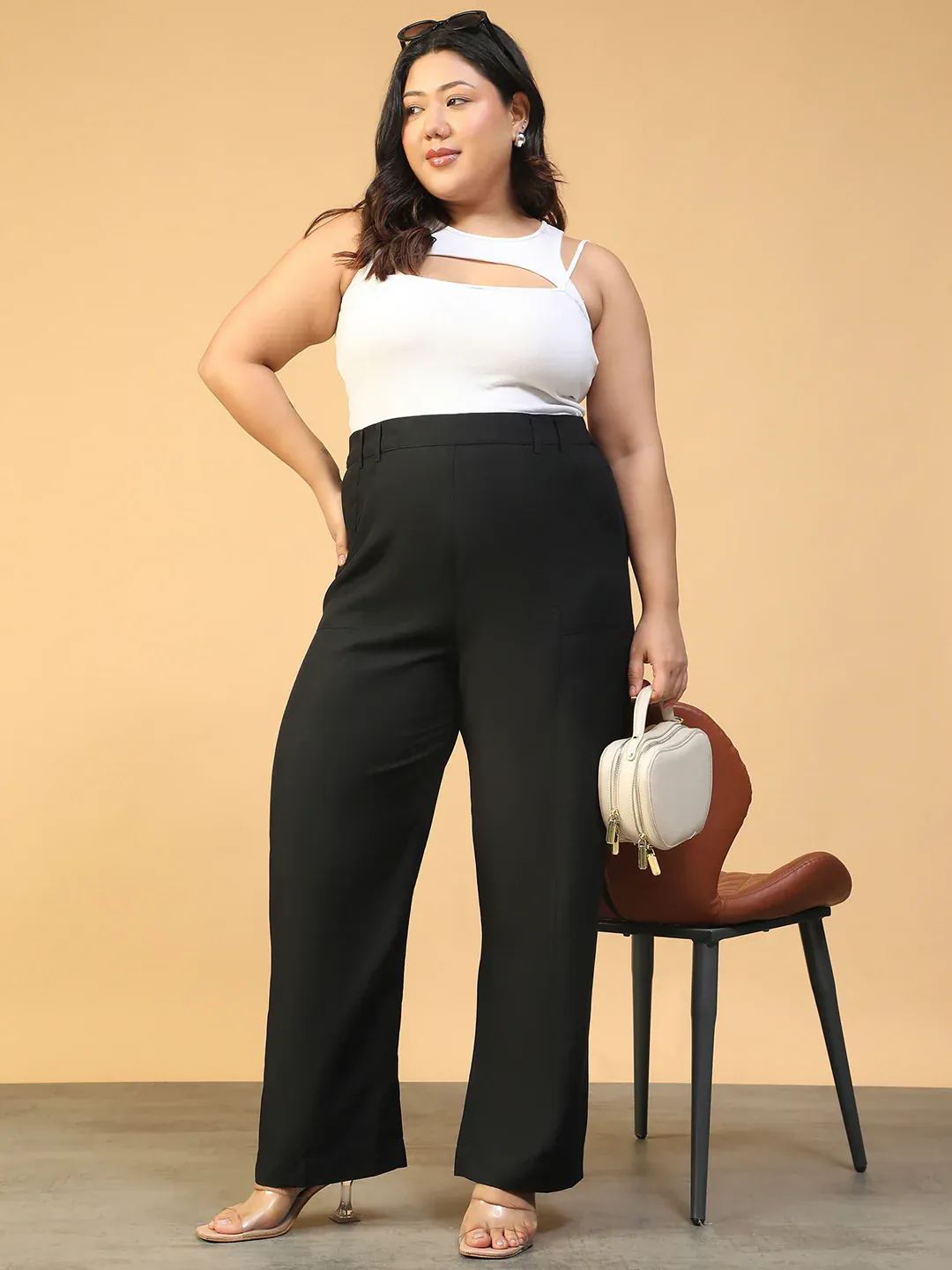 Women Plus Size Solid Black Elasticated Pants - Image 8
