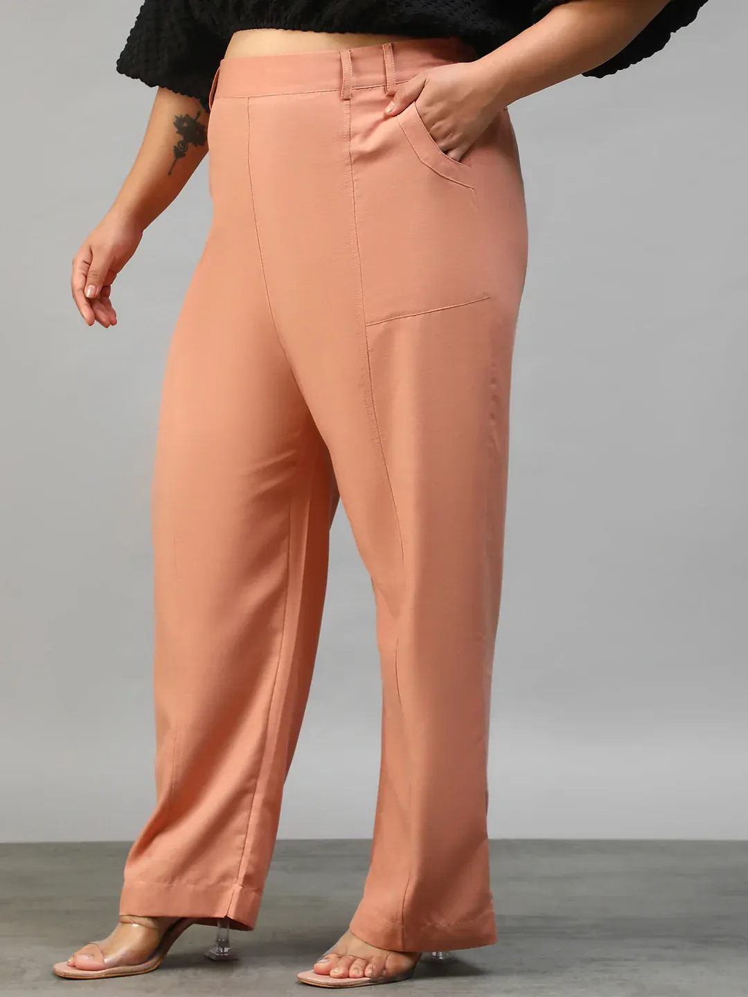 Women Plus Size Solid Peach Elasticated Pants - Image 4