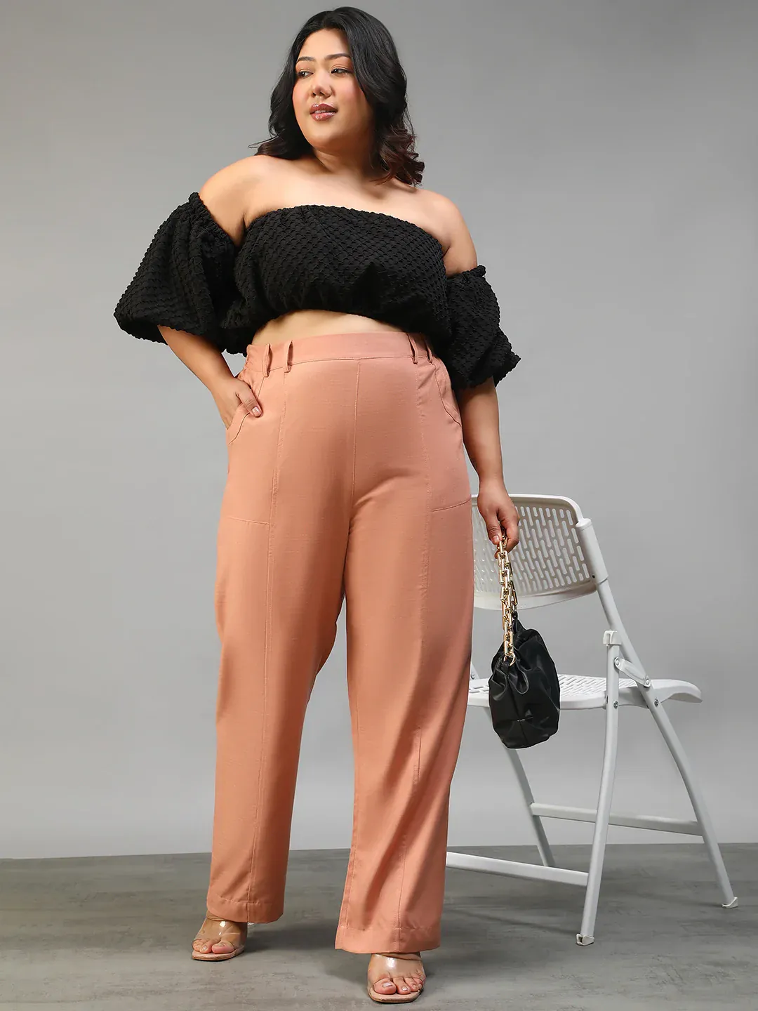 Women Plus Size Solid Peach Elasticated Pants - Image 5