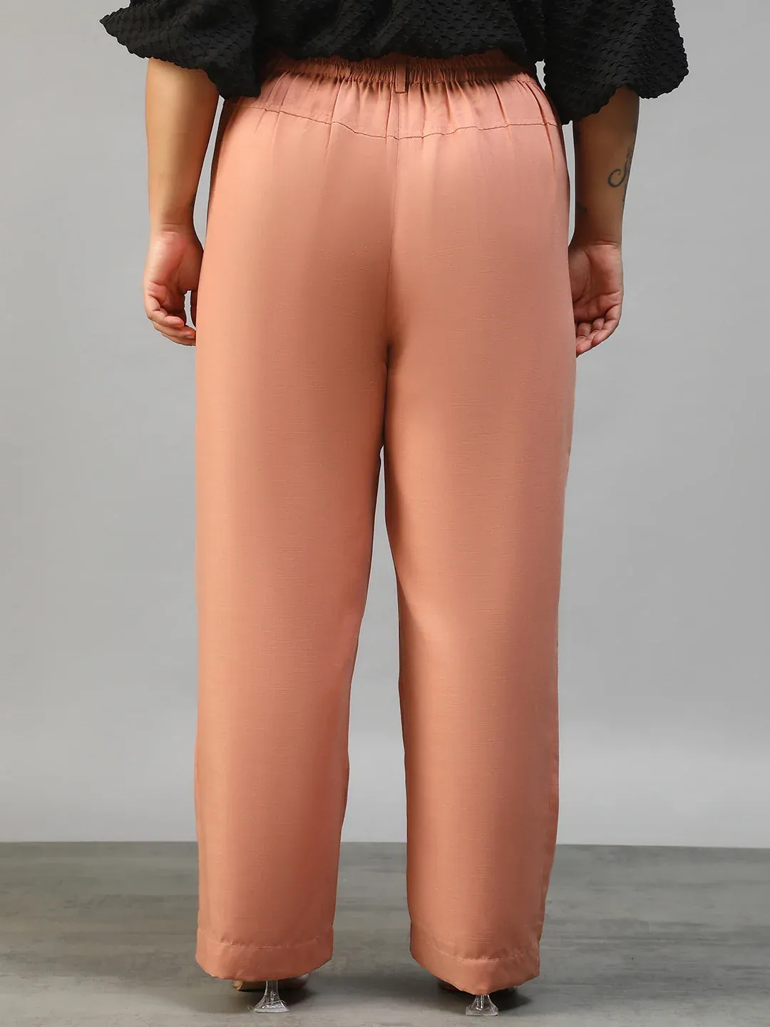 Women Plus Size Solid Peach Elasticated Pants - Image 7