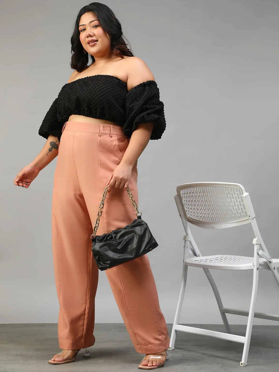 Women Plus Size Solid Peach Elasticated Pants - Image 8