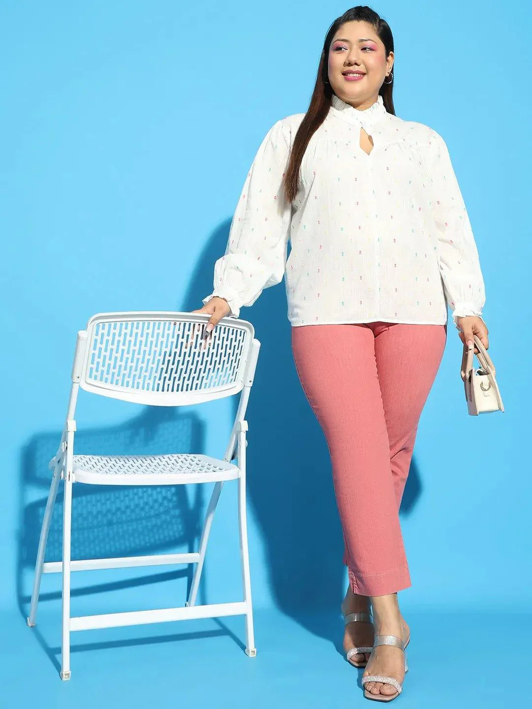 Women Plus Size White Round Neck With Button & Keyhole Long Sleeve Dobby Meld Cotton Top - Image 7