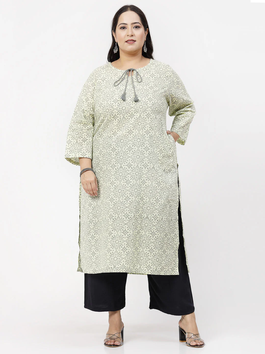 Women Plus Size Yellow Handblock Printed Tie-Up Neck Kurta - Image 3