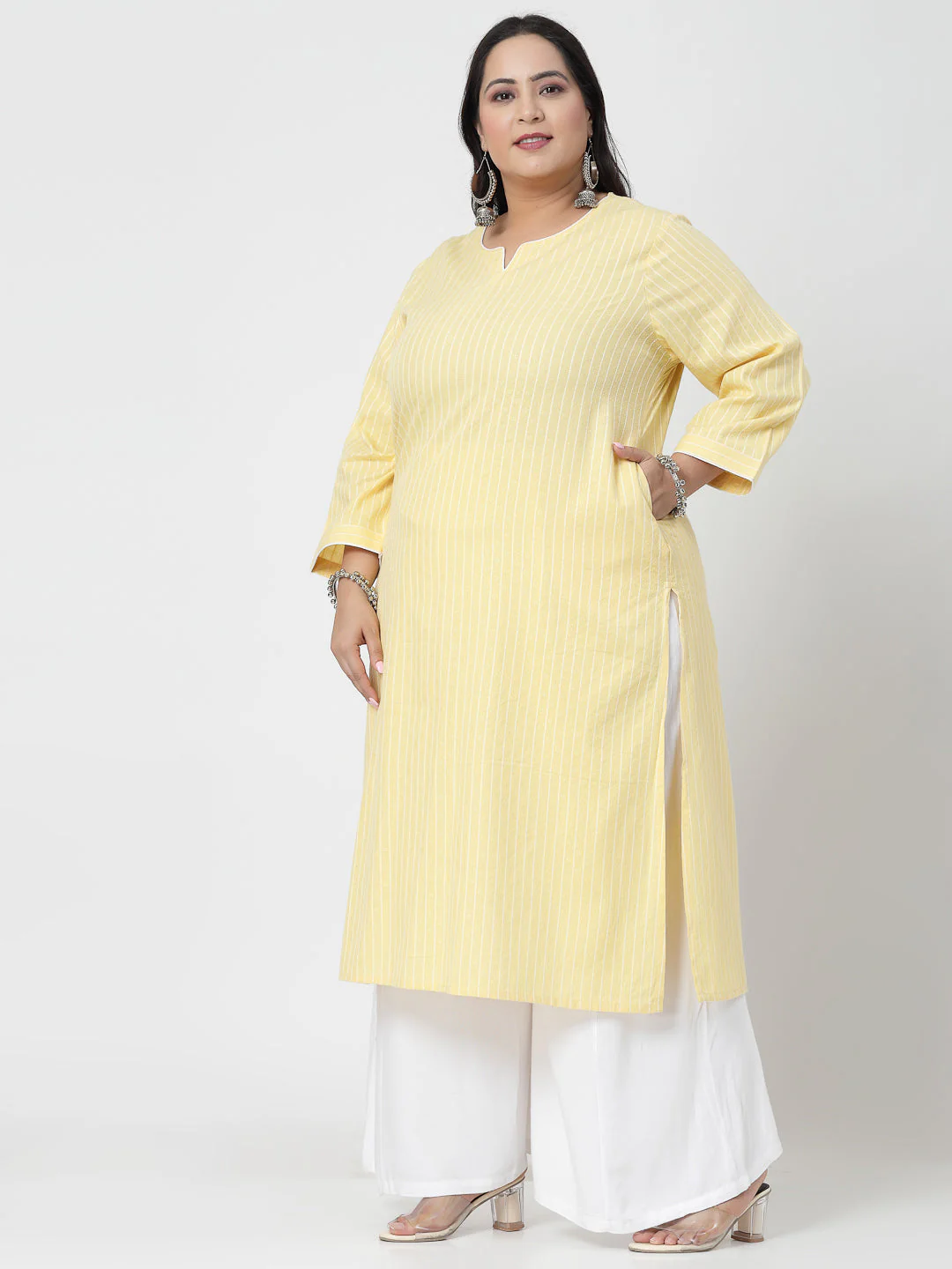 Women Plus Size Yellow Striped Yarn-Dyed Kurta - Image 4