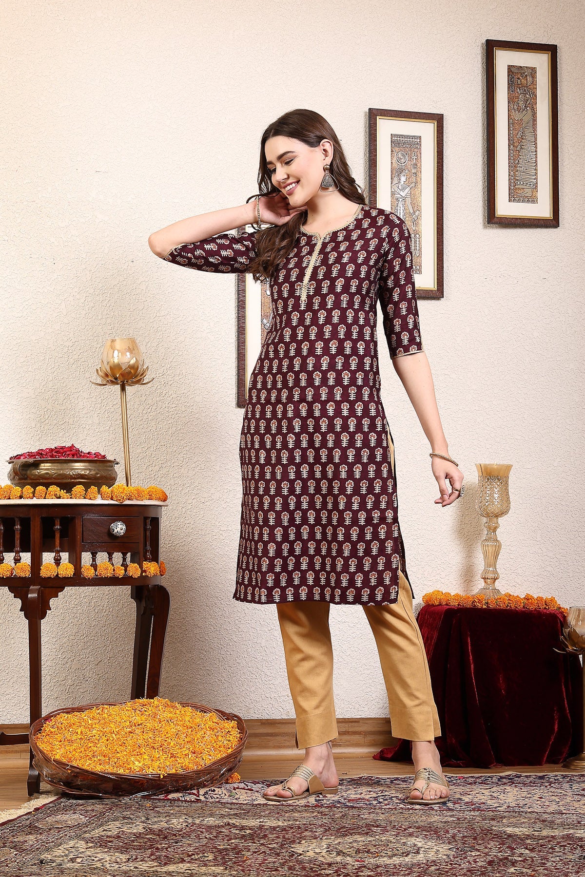 Women Purple Printed Kurta With Lace - Image 3