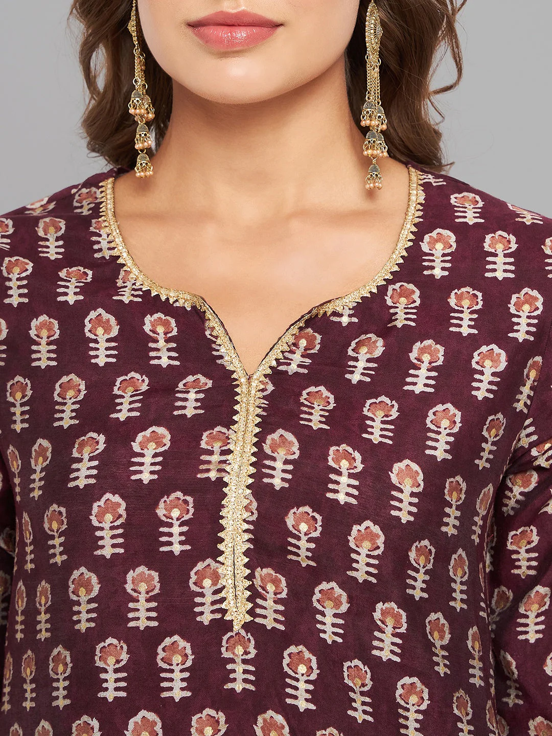 Women Purple Printed Kurta With Lace - Image 4