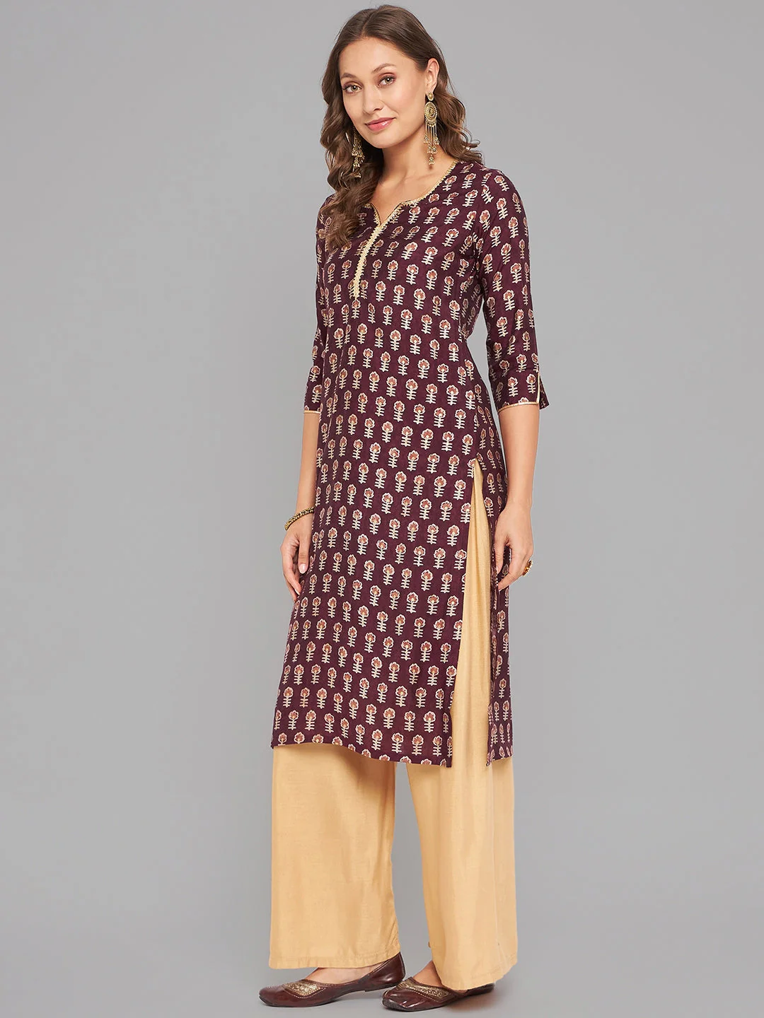Women Purple Printed Kurta With Lace - Image 8