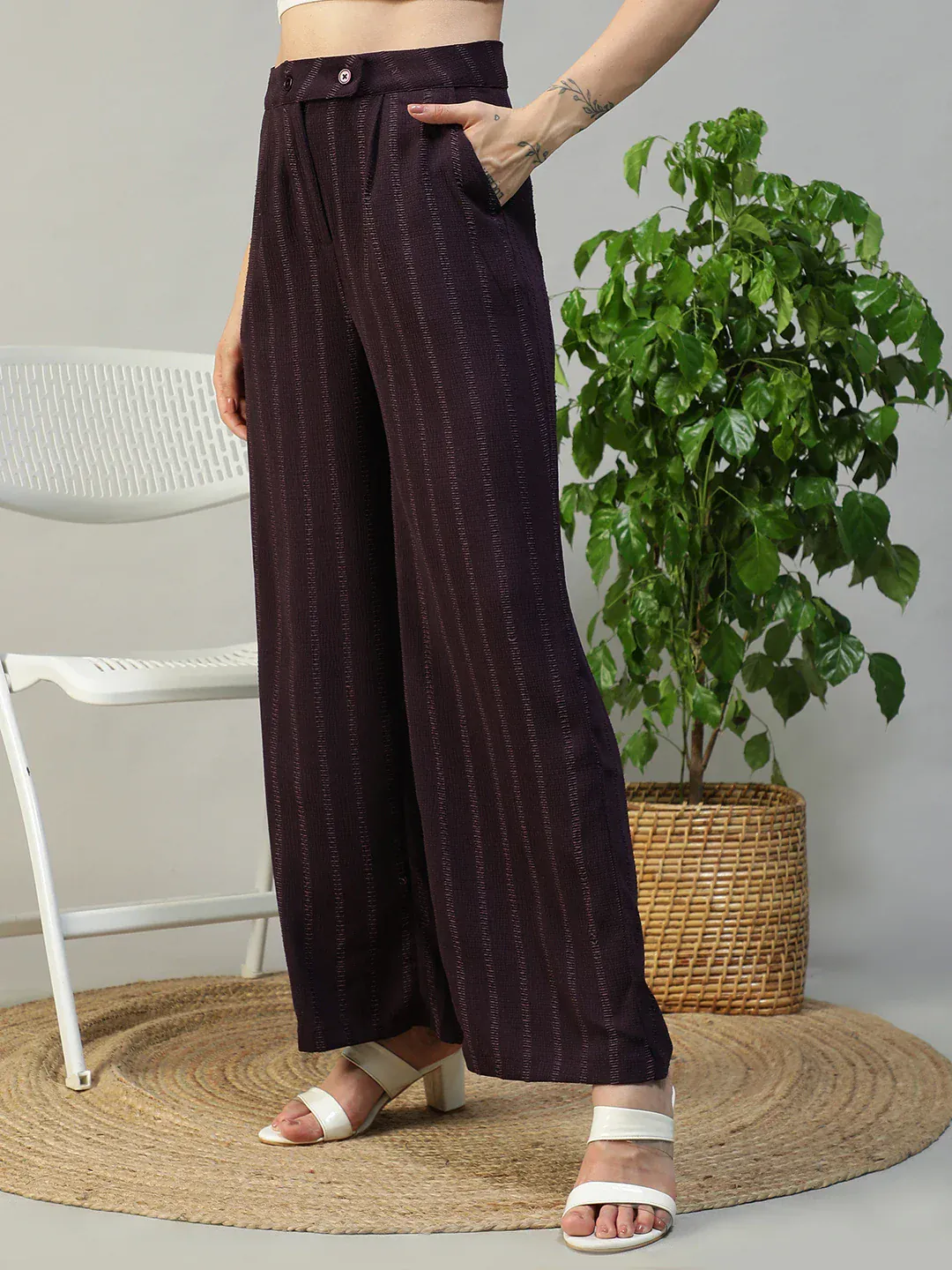 Women Purple Straight Pants with Zip & Button Closure - Image 3