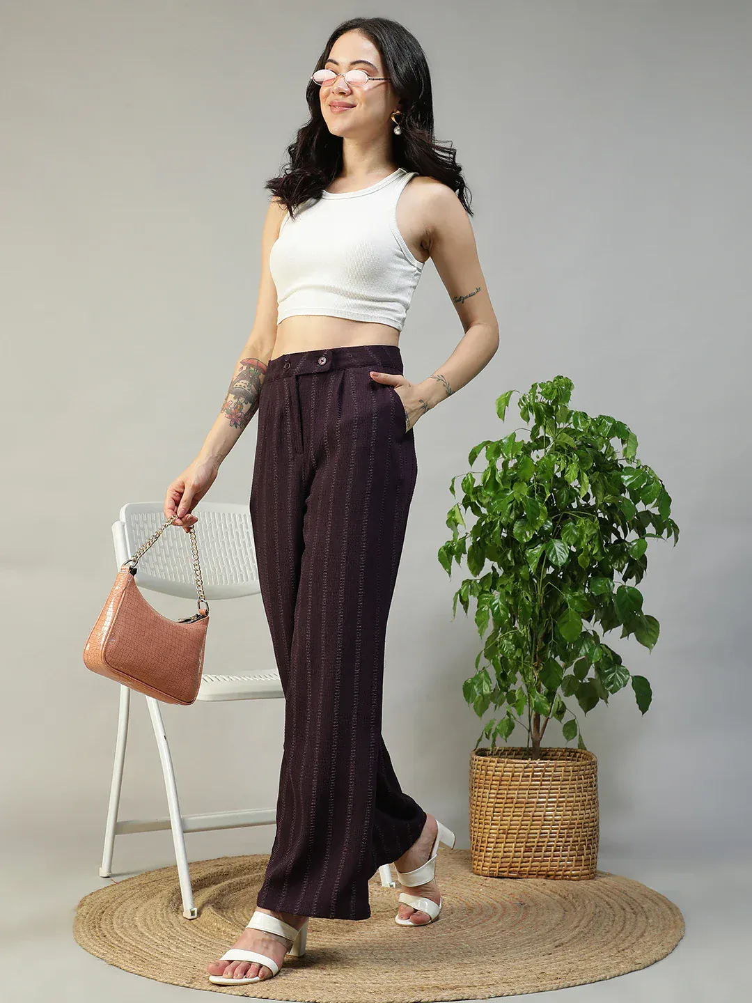 Women Purple Straight Pants with Zip & Button Closure - Image 7