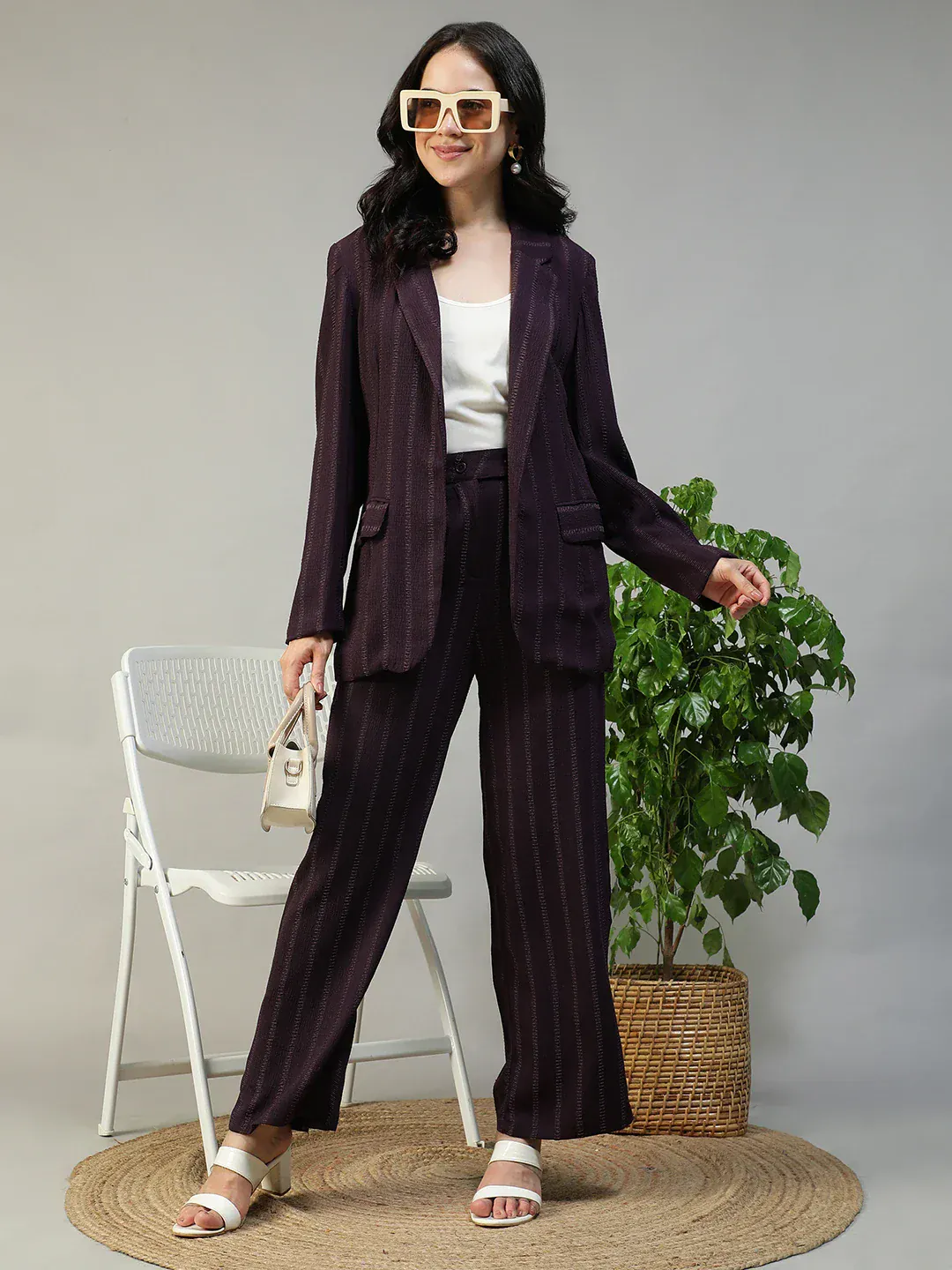 Women Purple Stripe Dobby Button-Down Blazer With Front Pockets | Oxolloxo - Image 8