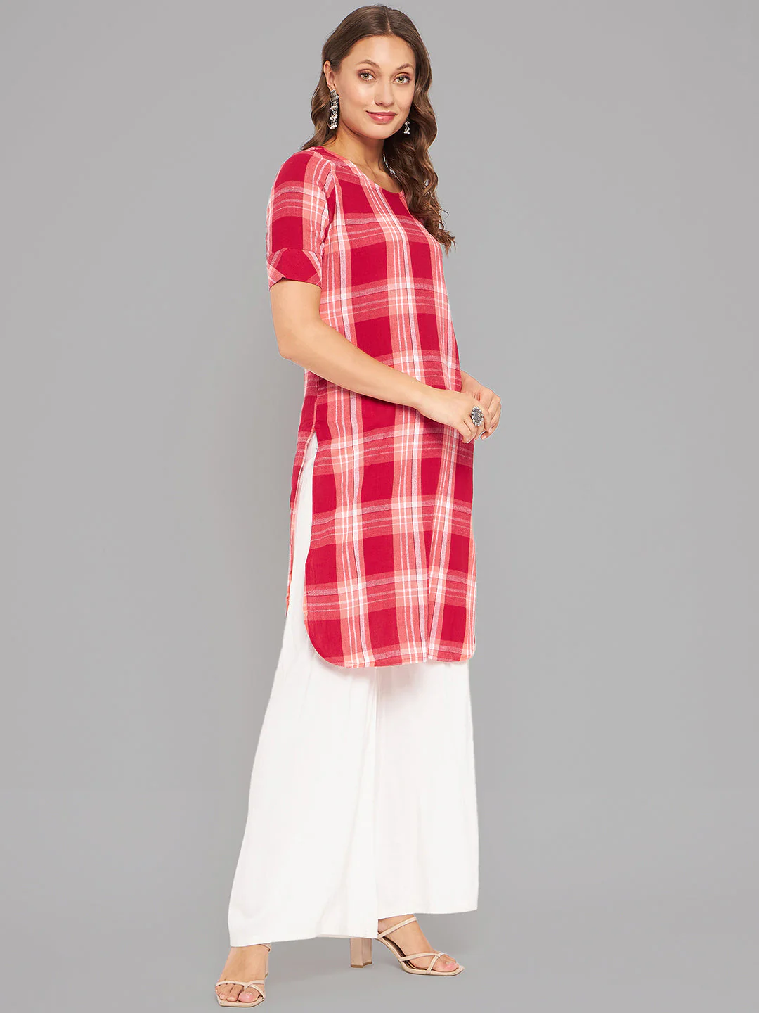 Women Red Checkered Kurta - Image 4