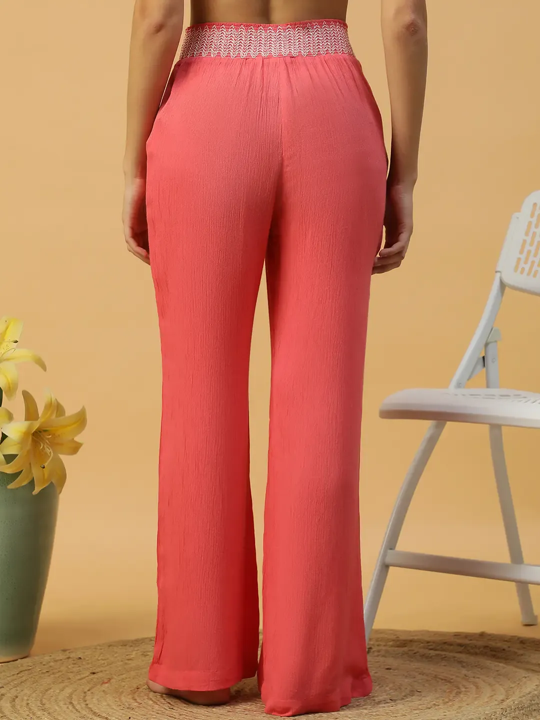 Women Red Elasticated Long Beachwear Relaxed Pant - Image 6