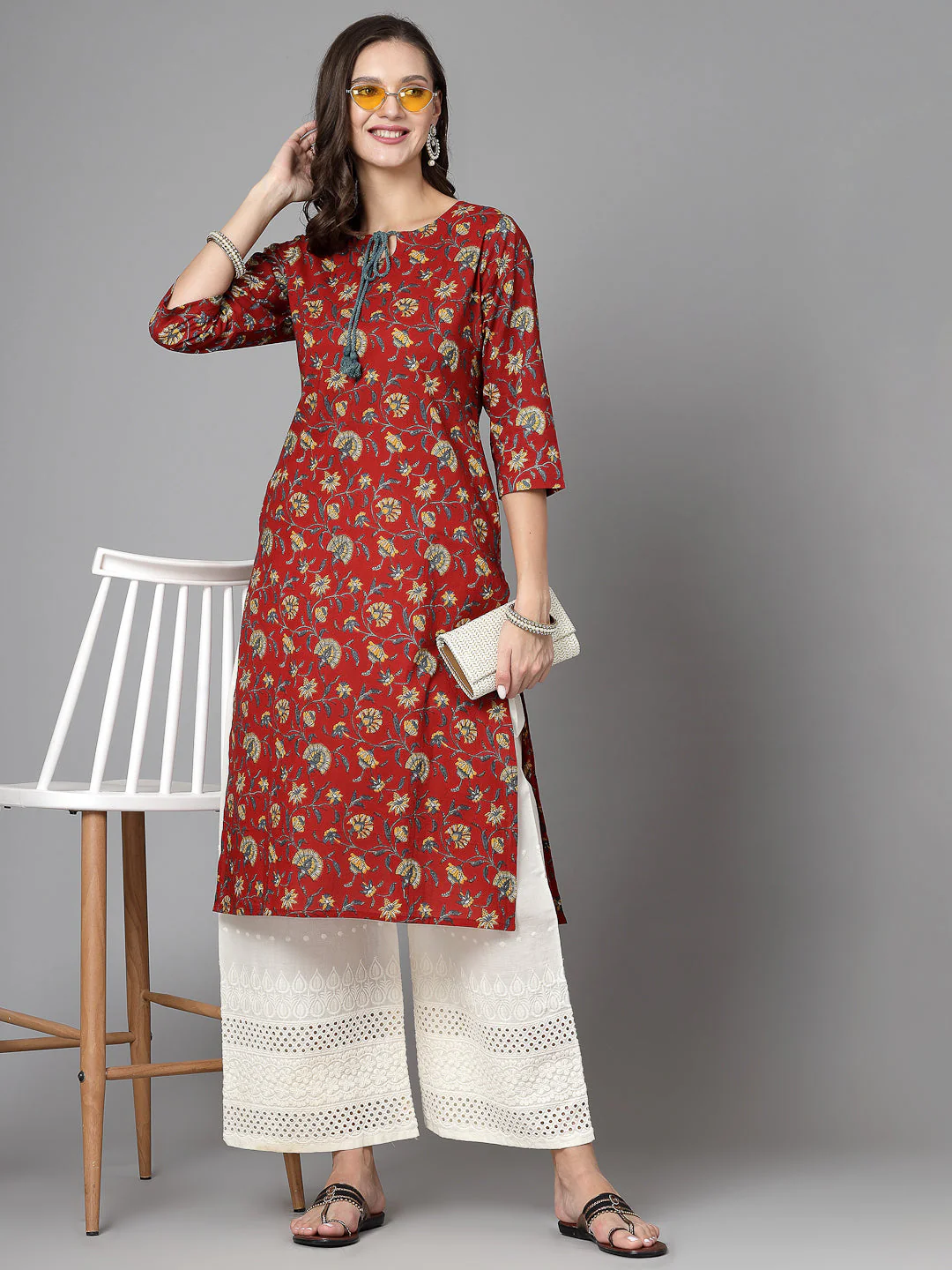 Women Red Floral Printed Tie-Up Neck Kurta - Image 2