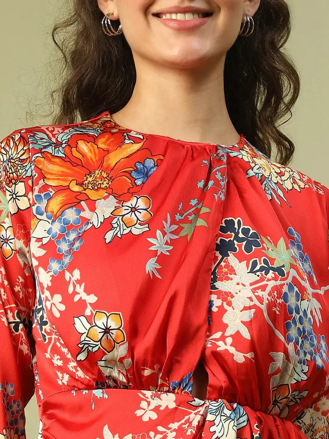 Women Red Floral Round Neck Long Sleeve Cut-out Above Knee-Length Satin Dress With Gathered Detail - Image 6