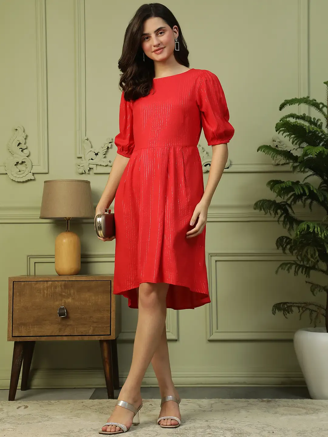 Women Red Glittery Short Sleeve Cotton Dress - Image 8