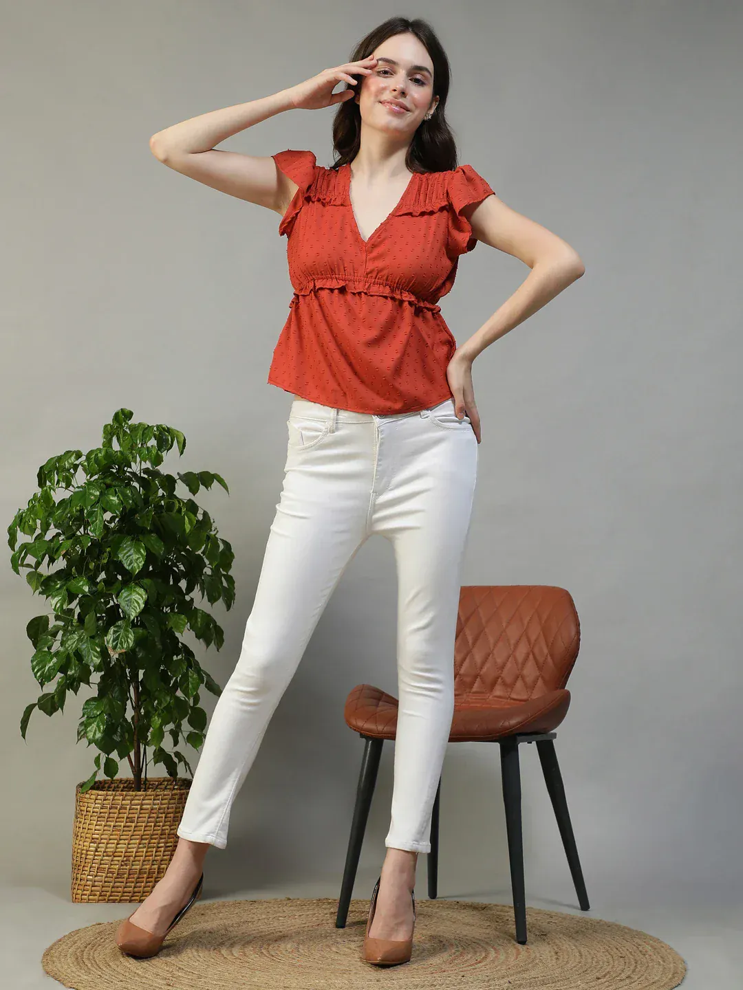 Women Red V-Neck Short Petal Sleeve Dobby Weave Top With Ruffle Detail - Image 3