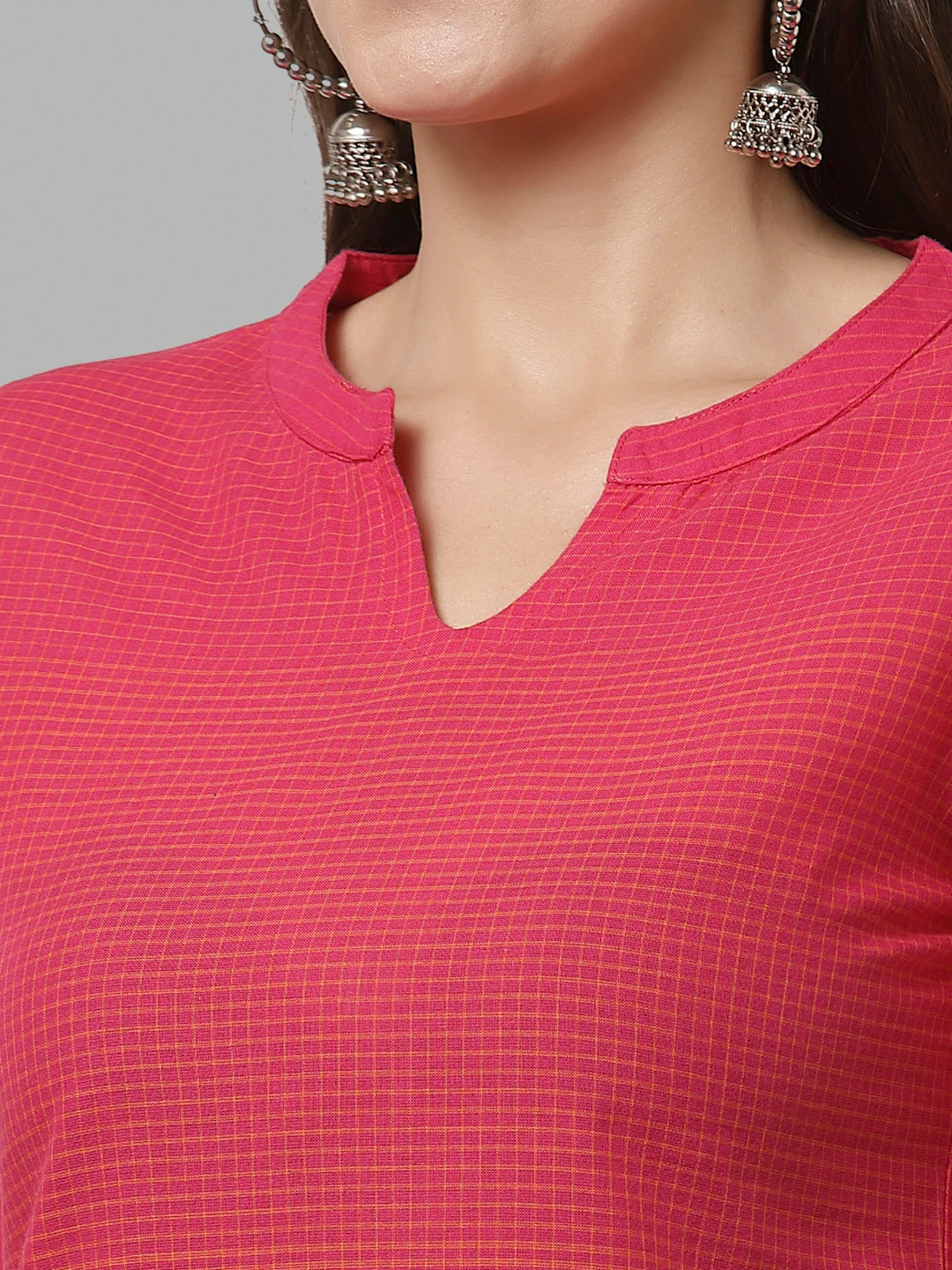 Women Rose & Orange Checkered Kurta - Image 6