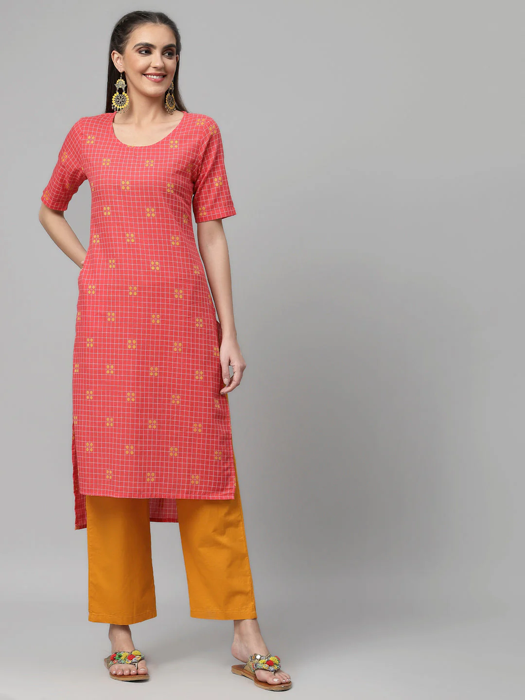 Women Rose Woven Design Checked High-Low Cotton Kurta - Image 2