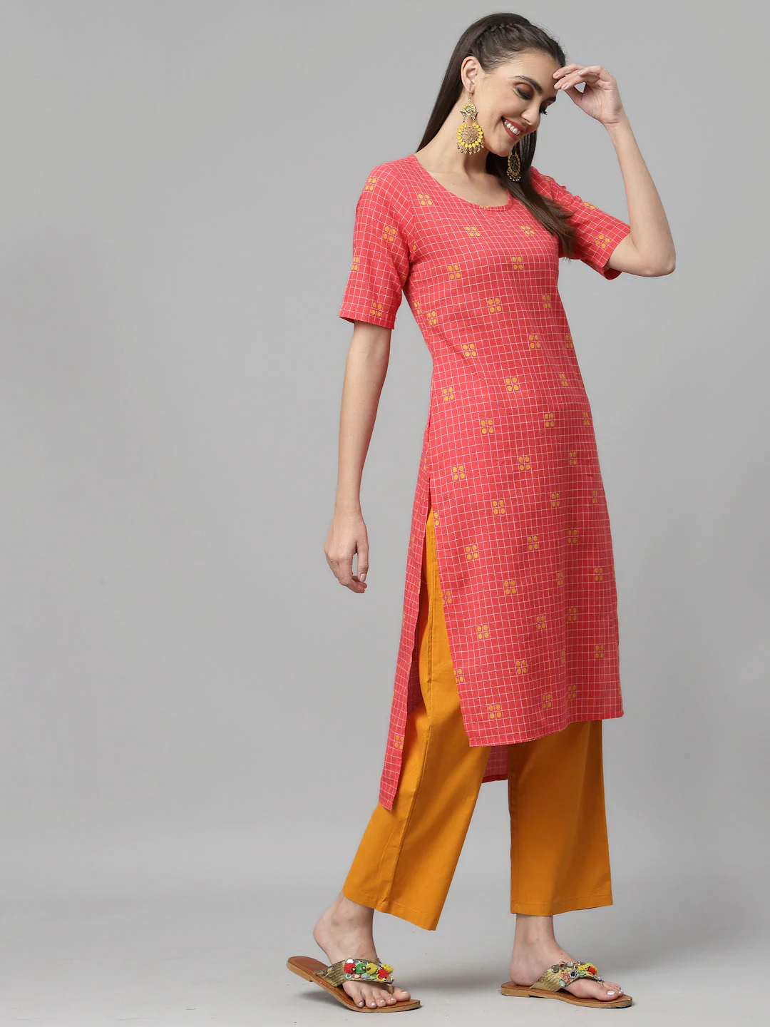 Women Rose Woven Design Checked High-Low Cotton Kurta - Image 3