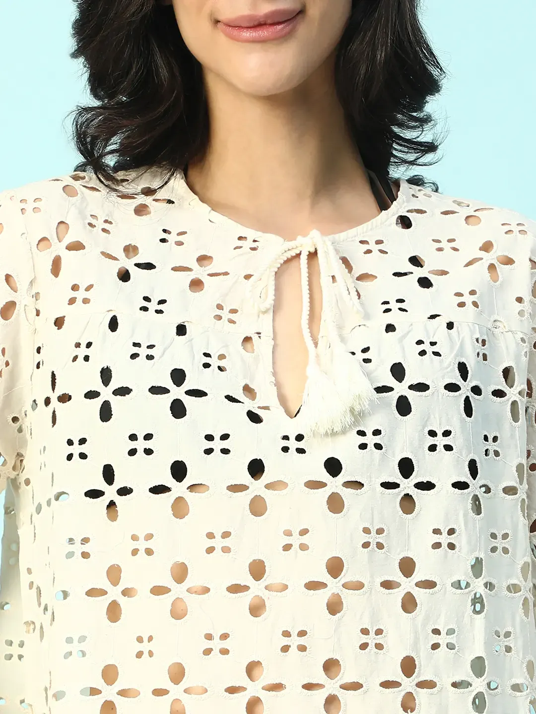 Women’s Beige Cotton Schiffli Above-Knee Beachwear Dress - Image 2